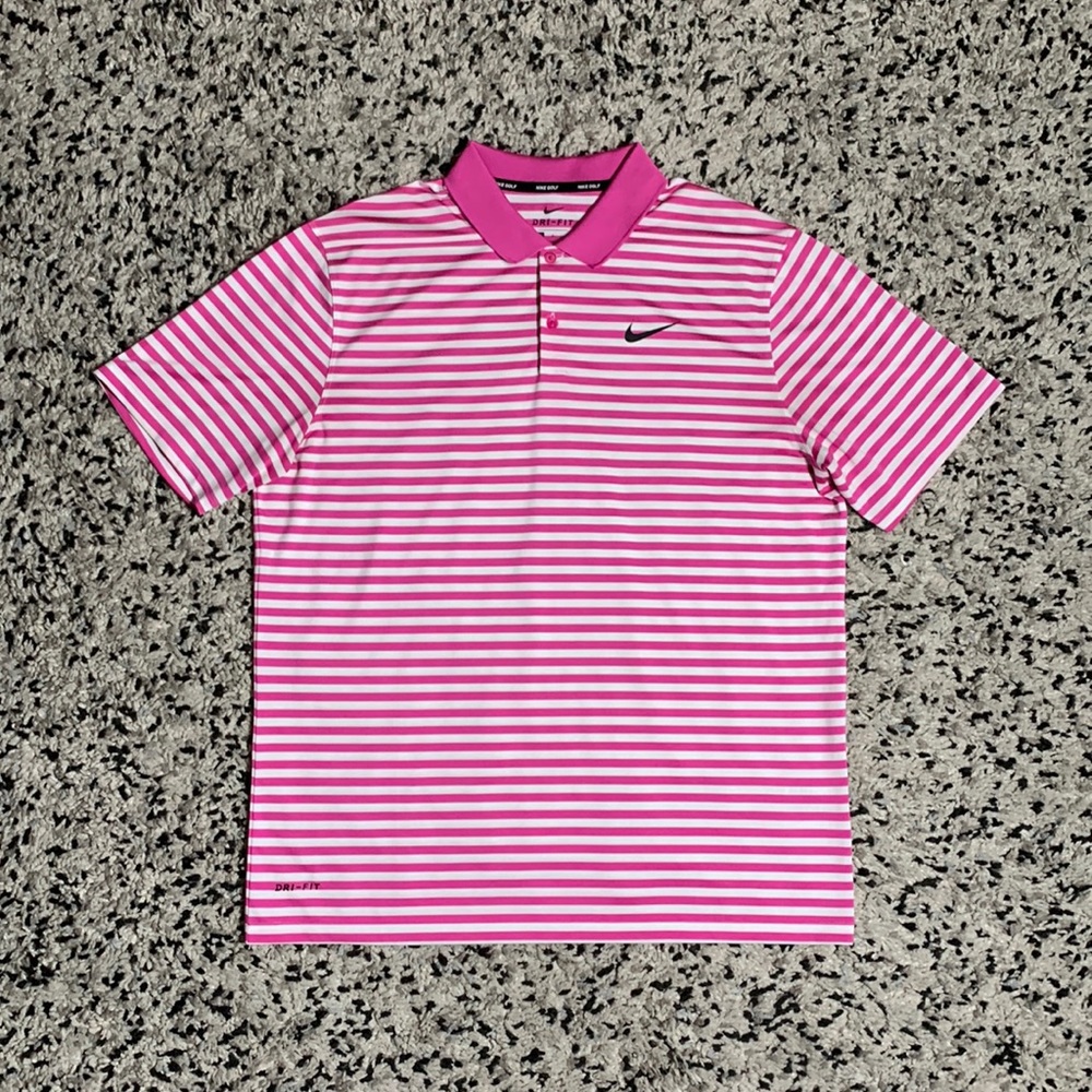 Nike Pink and White Striped Polo Shirt
